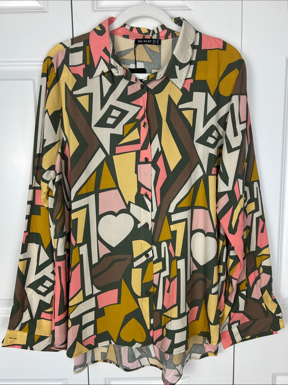 Big Dart Geo-Print Button-Down Shirt in Pink, Mustard & Olive 2XL